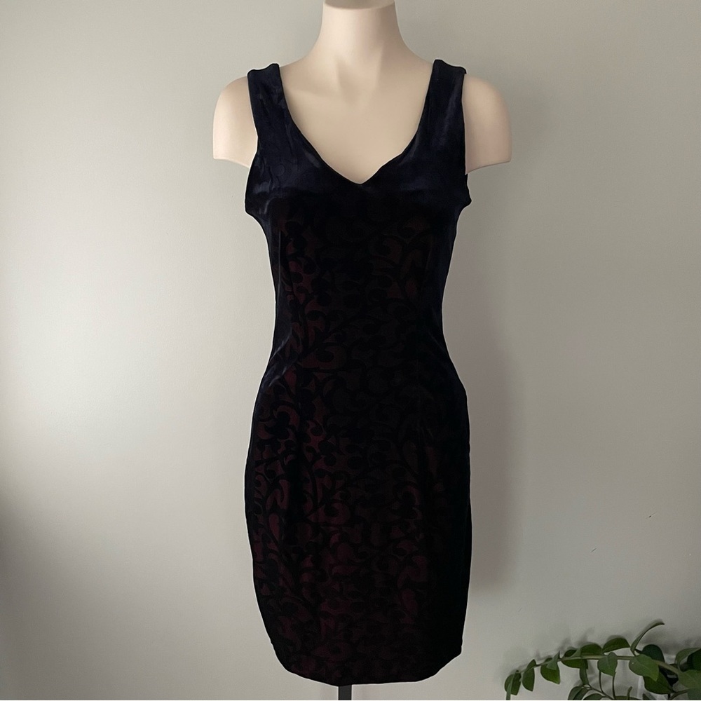 90s Vintage Wallis Burnout Velvet Velour Scroll Midi Dress Red Black Goth Grunge